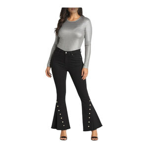 Rachel Roy, Black Crop Flare Jeans Raw Hem Studded Snaps Size 28 Trendy